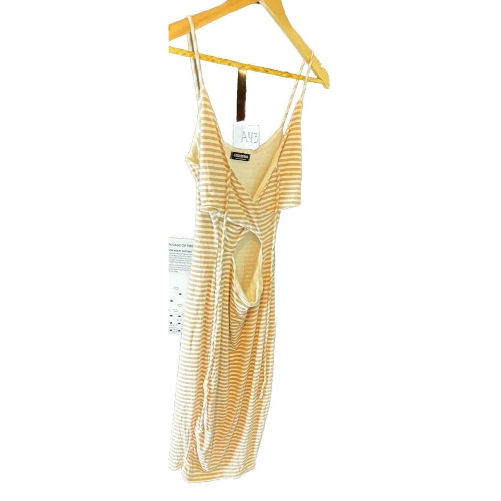 Fashion Nova Midi Dress Women's Small Ivory Brown Striped Lined Spaghetti Straps